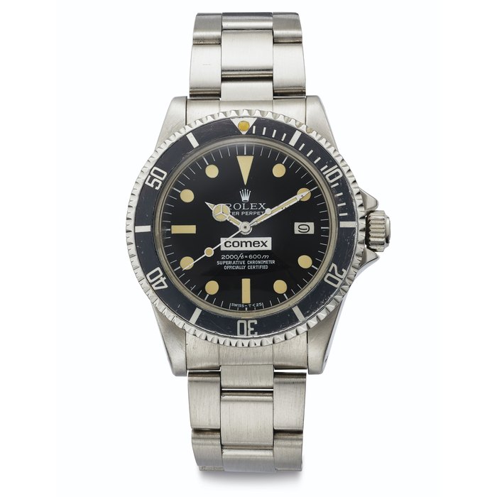 Rolex. An Extremely Rare Stainless Steel Automatic Wristwatch with "Rail" Dial, Date, Gas Escape Valve and Bracelet, Made for COMEX Signed Rolex, Oyster Perpetual, COMEX, 2000ft=600m, Superlative Chronometer Officially Certified, Sea-Dweller Model, Ref. 1665, Case No. 6'193'250, COMEX issue no. 2203, Circa 1980