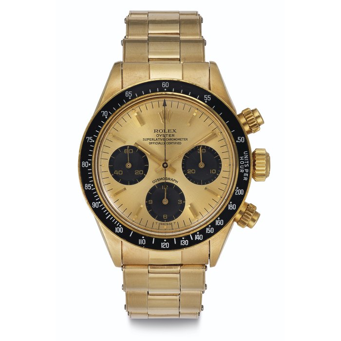 Rolex. A Very Fine and Rare 14k Gold Chronograph Wristwatch with Bracelet and Champagne Dial Signed Rolex, Oyster, Cosmograph, Ref. 6263, Case No. 5'035'137, Circa 1978