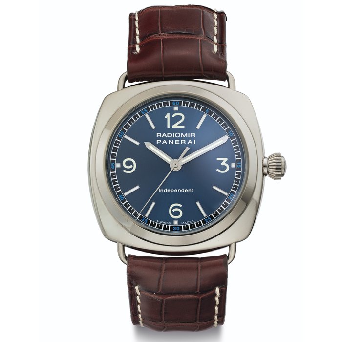 Panerai. A Fine Limited Edition 18k White Gold Cushion-Shaped Wristwatch with Center Seconds Signed Panerai, Radiomir, Independent, No. 144/160, No. OP6551, BB1032033, Circa 2001