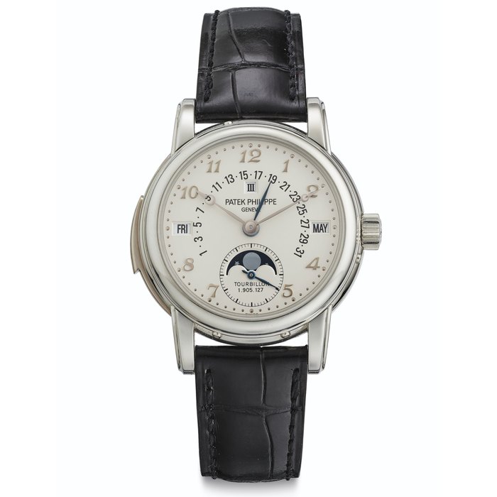 Patek Philippe. An Extremely Fine, Rare and Important Platinum Perpetual Calendar Minute Repeating Tourbillon Wristwatch with Breguet Numerals, Retrograde Date, Moon Phases and Additional Solid Case Back Signed Patek Philippe, Genève, Tourbillon, Ref, 5016P, Movement No. 1'905'127, Case No. 4'330'468, Manufactured in 2007