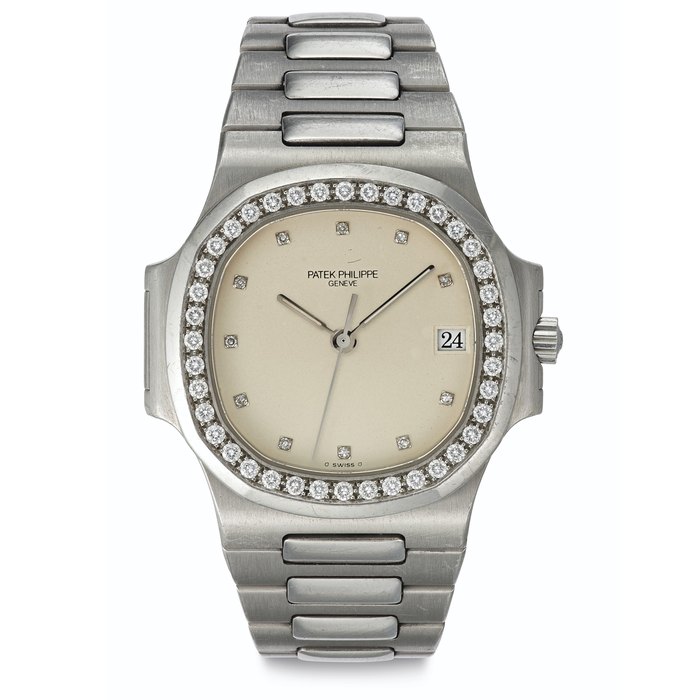 Patek Philippe. A Fine Platinum and Diamond-set Automatic Wristwatch with Date, Center Seconds and Bracelet Signed Patek Philippe, Genève, Nautilus Model, Ref. 3800/3P, Movement No. 1'933'718 , Case No. 2'960'437, Manufactured in 1998