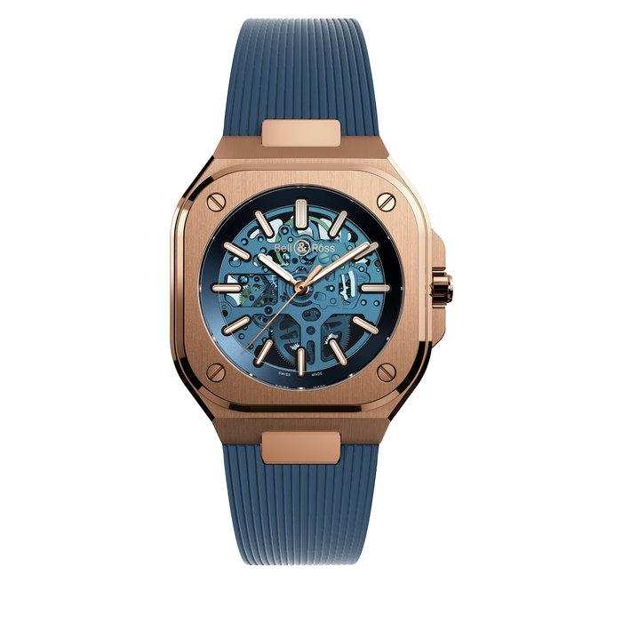 BELL & ROSS BR 05 SKELETON GOLD BLUE Bell & Ross, leading aviation brand, launches this year a new collection: BR 05.The Maison presents exclusively for Only Watch a unique piece: the br 05 skeleton gold blue: The ultimate watch for urban explorers.