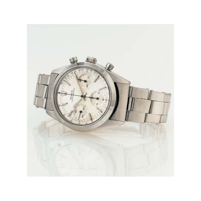 ROLEX. A RARE STAINLESS STEEL CHRONOGRAPH WRISTWATCH WITH BRACELET SIGNED ROLEX, CHRONOGRAPH, CASE NO. 1077675, REF. 6238, CIRCA 1964