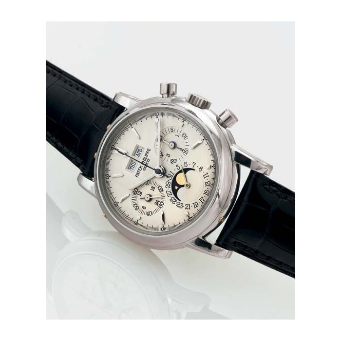 PATEK PHILIPPE. A FINE AND RARE PLATINUM PERPETUAL CALENDAR CHRONOGRAPH WRISTWATCH WITH MOON PHASES SIGNED PATEK PHILIPPE, GENEVE, MOVEMENT NO. 876476, CASE NO. 2928280, REF. 3970E, MANUFACTURED IN 1993