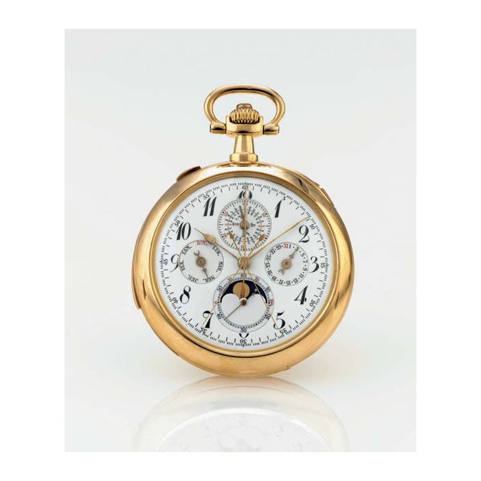 SWISS. AN 18K GOLD OPENFACE MINUTE REPEATING PERPETUAL CALENDAR SPLIT SECONDS CHRONOGRAPH KEYLESS LEVER POCKET WATCH WITH MOON PHASES UNSIGNED, CASE NO. 6943, RETAILED BY HAMILTON & INCHES, EDINBURGH, CIRCA 1890