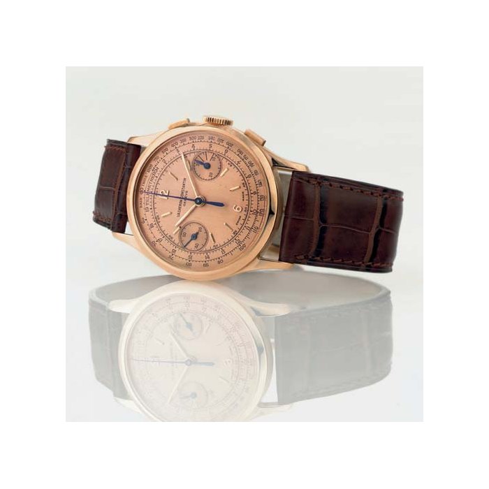VACHERON CONSTANTIN. A RARE 18K PINK GOLD CHRONOGRAPH WRISTWATCH WITH PINK DIAL SIGNED VACHERON CONSTANTIN, MOVEMENT NO. 128709, CASE NO. 299950, MANUFACTURED IN 1946
