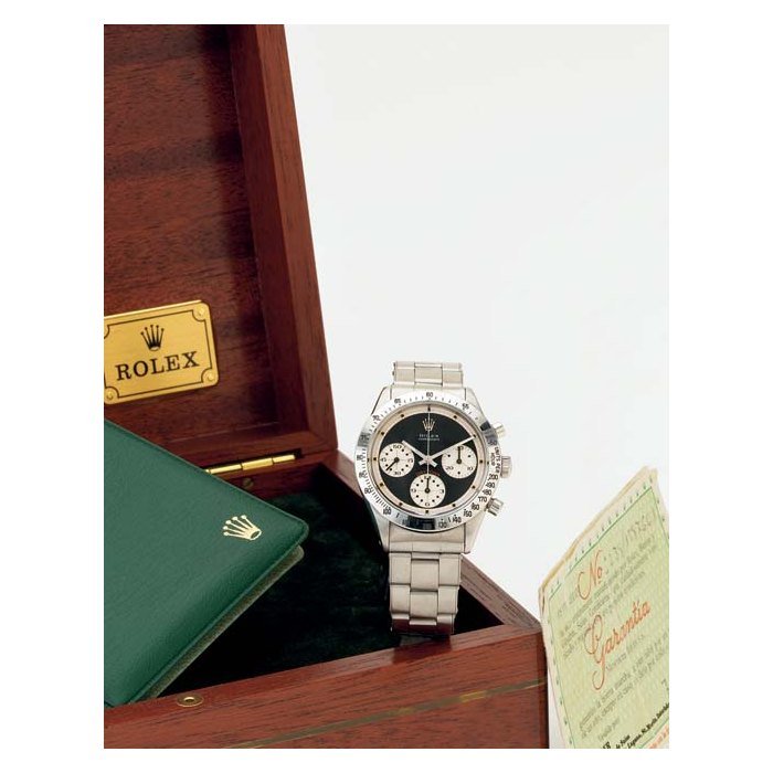 Rolex ROLEX. A RARE STAINLESS STEEL CHRONOGRAPH WRISTWATCH WITH BRACELET AND ORIGINAL GUARANTEE SIGNED ROLEX, COSMOGRAPH, "PAUL NEWMAN DAYTONA", CASE NO. 1597661, REF. 6239, CIRCA 1967 · 6239