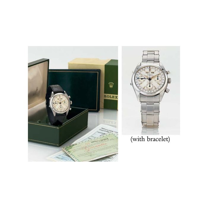 ROLEX. A FINE AND RARE STAINLESS STEEL WATER-RESISTANT TRIPLE CALENDAR CHRONOGRAPH WRISTWATCH WITH BRACELET, ORIGINAL BOX AND PAPERS SIGNED ROLEX, OYSTER CHRONOGRAPH, ANTIMAGNETIC, "DATO-COMPAX', CASE NO. 576449, REF. 6236, CIRCA 1960
