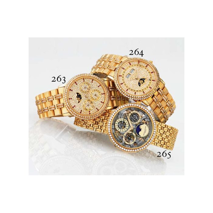 VACHERON CONSTANTIN. AN 18K GOLD AND DIAMOND POLYGONAL SKELETONIZED AUTOMATIC PERPETUAL CALENDAR BRACELET WATCH WITH MOON PHASES SIGNED VACHERON CONSTANTIN, CIRCA 1985