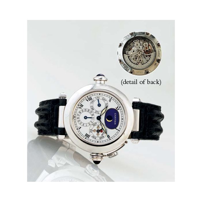 Cartier CARTIER. A FINE AND RARE PLATINUM AUTOMATIC MINUTE REPEATING PERPETUAL CALENDAR WRISTWATCH WITH MOON PHASES SIGNED CARTIER, "PASHA", NO. 01, REF. W30021, CIRCA 1993, Price & Market Data