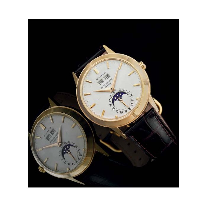 PATEK PHILIPPE. A RARE 18K GOLD AUTOMATIC PERPETUAL CALENDAR WRISTWATCH WITH MOON PHASES SIGNED PATEK PHILIPPE, MOVEMENT NO. 1119036, CASE NO. 317461, REF. 3448, RETAILED BY TIFFANY & CO., MANUFACTURED IN 1966