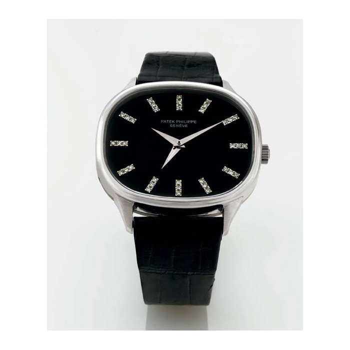 PATEK PHILIPPE. A FINE AND RARE 18K WHITE GOLD AND DIAMOND CUSHION DUAL TIME ZONE WRISTWATCH WITH BLACK DIAL SIGNED PATEK PHILIPPE, GENEVE, MOVEMENT NO. 739749, CASE NO. 2757178, REF. 3619, MANUFACTURED IN 1976