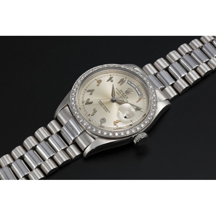 ROLEX "SCHEHERAZADE" REF. 1804, A PLATINUM OYSTER PERPETUAL DAY-DATE WITH DIAMOND-SET BEZEL AND ARABIC CALENDAR AND NUMERALS CASE NO: 549’237, MOVEMENT NO: DD0'813