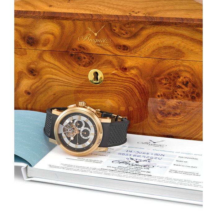 BREGUET. A VERY FINE AND ATTRACTIVE 18K PINK GOLD CHRONOGRAPH WRISTWATCH WITH TOURBILLON REGULATOR, CERTIFICATE OF ORIGIN AND BOX SIGNED BREGUET, HORLOGER DE LA MARINE, MARINE TOURBILLON CHRONOGRAPH MODEL, REF. 5837BR/92/5ZU, CASE NO. 4979 AK, MOVEMENT NO. 04021, CIRCA 2014