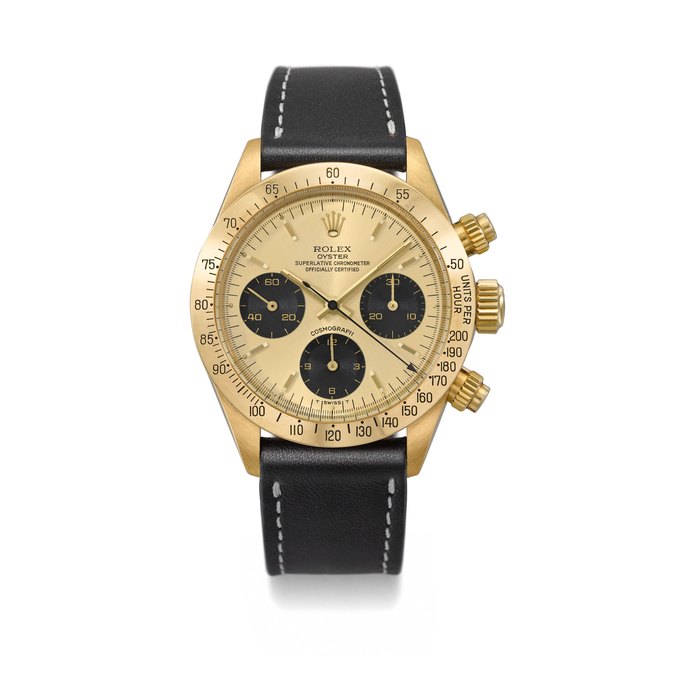 ROLEX. A VERY RARE AND ATTRACTIVE 18K GOLD CHRONOGRAPH WRISTWATCH WITH CHAMPAGNE DIAL SIGNED ROLEX, COSMOGRAPH, DAYTONA, REF. 6263, CASE NO. 7’426’619, CIRCA 1982