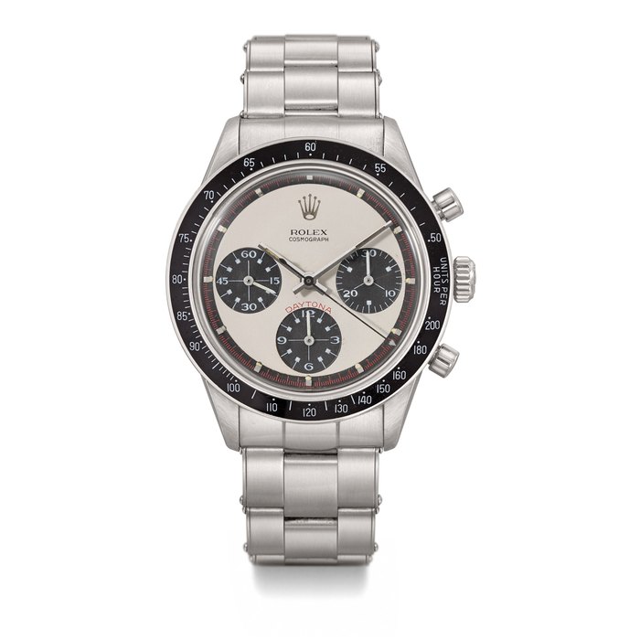 ROLEX. AN EXTREMELY RARE AND ATTRACTIVE STAINLESS STEEL CHRONOGRAPH WRISTWATCH WITH PAUL NEWMAN DIAL AND BRACELET SIGNED ROLEX, COSMOGRAPH, DAYTONA, PAUL NEWMAN MODEL, REF. 6241, CASE NO. 2’041’051, CIRCA 1969