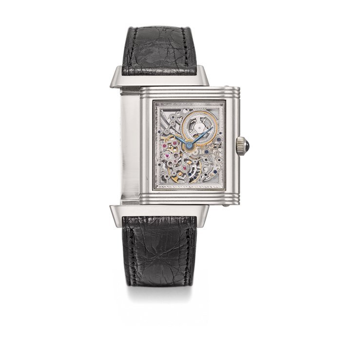 Jaeger-Lecoultre Jaeger-LeCoultre. A fine and possibly unique stainless steel skeletonised reversible wristwatch with white gold movement, copy of invoice and box Signed Jaeger-LeCoultre, Reverso, No. 000/500, made as a prototype for display at the Basel Fair in 2001
