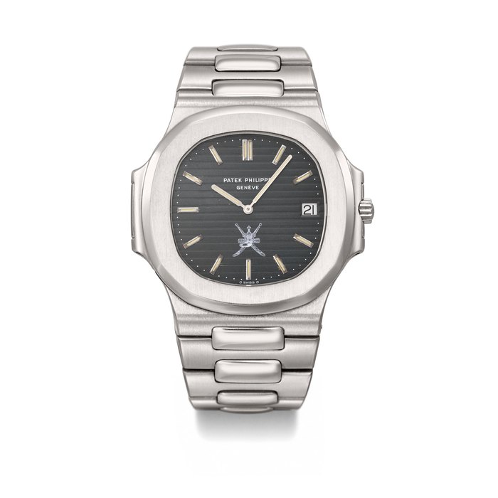 Patek Philippe. An exceptionally rare and fine stainless steel automatic wristwatch with date and early-type bracelet, made for the Sultanate of Oman Signed Patek Philippe, Genève, Nautilus 'Khanjar' model, Ref. 3700/1, movement no. 1'304'895, case no. 536'186, manufactured in 1978