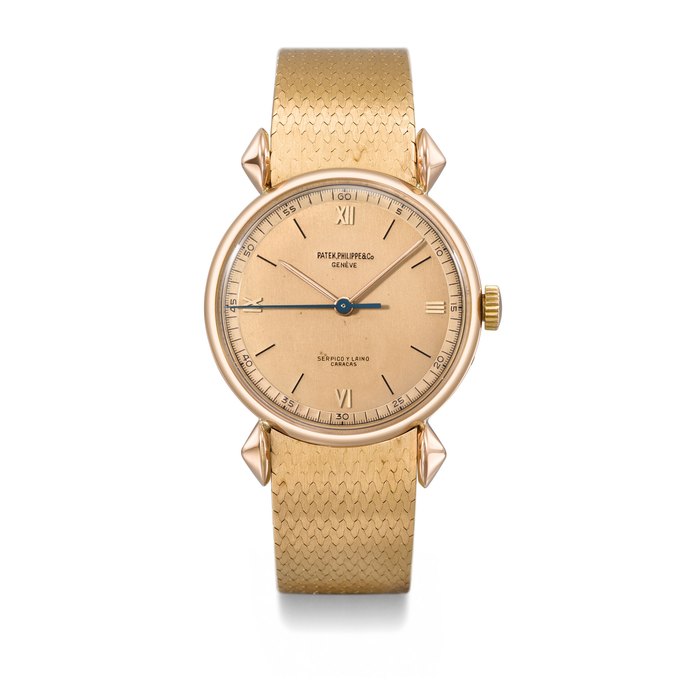 Patek Philippe. A very rare and highly attractive 18K pink gold wristwatch with indirect sweep centre seconds, two-tone pink dial, unusual lugs and bracelet Signed Patek Philippe & Co., Genève, retailed by Serpico y Laino, Ref. 1536, movement no. 864’753, case no. 641’161, manufactured in 1946