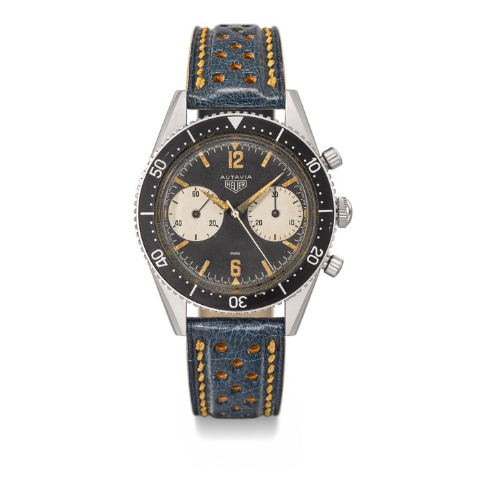 Heuer. A fine and extremely rare stainless steel chronograph wristwatch with first execution dial and ‘all lume’ hands Signed Heuer, Autavia , Ref. 3646, case no. 48'719, circa 1962