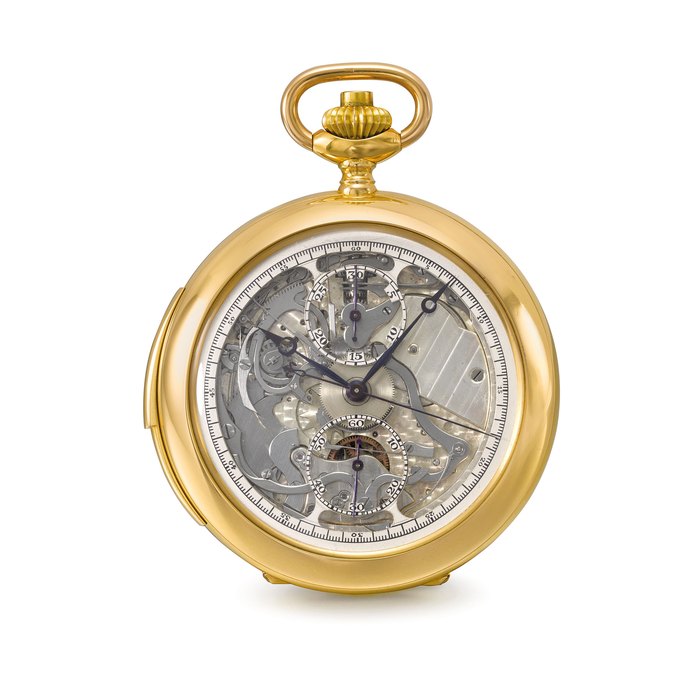 Ecole d'Horlogerie de la Vallée de Joux. A very fine and complicated 18K openface minute repeating keyless lever chronograph watch with skeletonized dial Unsigned, Ecole d’Horlogerie de la Vallée de Joux, circa 1926