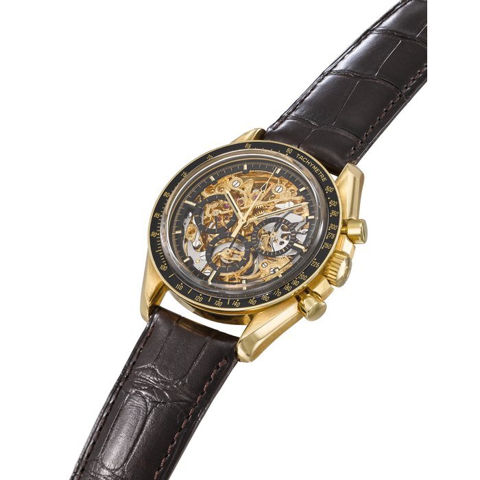 Omega OMEGA. A VERY FINE AND RARE 18K GOLD LIMITED EDITION SKELETONIZED CHRONOGRAPH WRISTWATCH SIGNED OMEGA, SPEEDMASTER PROFESSIONAL, NO. 01/50, REF. NO. 3696.50, CIRCA 1992