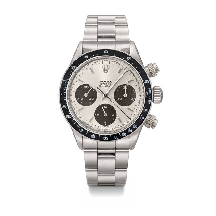ROLEX. A VERY RARE AND ATTRACTIVE STAINLESS STEEL CHRONOGRAPH WRISTWATCH WITH BRACELET SIGNED ROLEX, OYSTER, COSMOGRAPH, REF. 6240, CASE NO. 1’439’038, CIRCA 1966