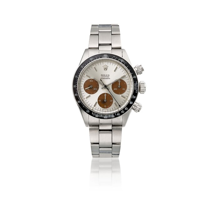 ROLEX. A VERY RARE AND HIGHLY ATTRACTIVE STAINLESS STEEL CHRONOGRAPH WRISTWATCH WITH TROPICAL REGISTERS AND BRACELET SIGNED ROLEX, OYSTER, COSMOGRAPH, DAYTONA MODEL, REF. 6263, CASE NO. 3’365’381, CIRCA 1973