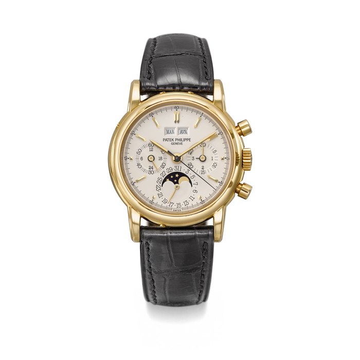 Patek Philippe. A fine 18K gold perpetual calendar chronograph wristwatch with moon phases, 24 hour and leap year indications Signed Patek Philippe, Genève, ref. 3970EJ, movement no. 876’225, case no. 2’914’521, manufactured in 1992