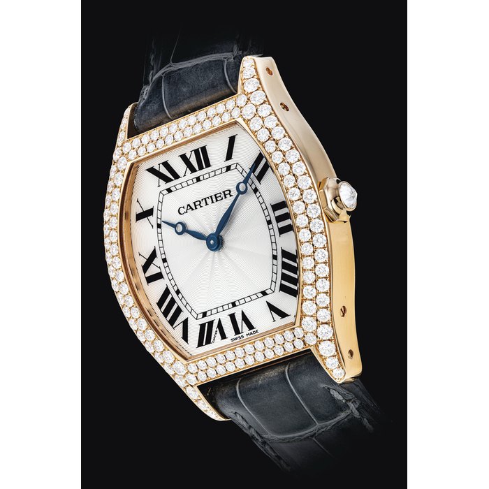CARTIER. AN ATTRACTIVE 18K PINK GOLD AND DIAMOND-SET TONNEAU-SHAPED WRISTWATCH SIGNED CARTIER, TORTUE MODEL, REF. 2498, CASE NO. 334652MG, CIRCA 2000