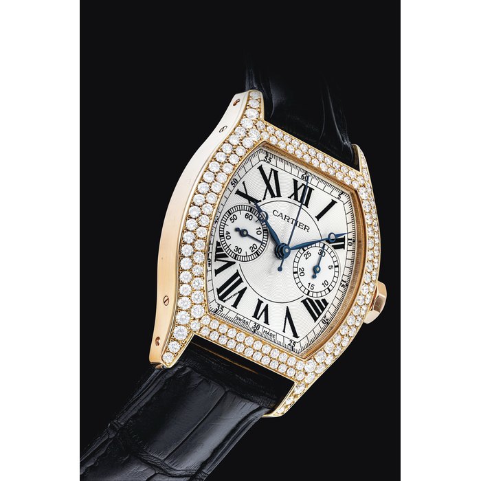 CARTIER. AN 18K PINK GOLD AND DIAMOND-SET TONNEAU-SHAPED SINGLE-BUTTON CHRONOGRAPH WRISTWATCH SIGNED CARTIER, TORTUE CHRONOGRAPH MODEL, REF. 2661G, CASE NO. 18333CE, CIRCA 2005