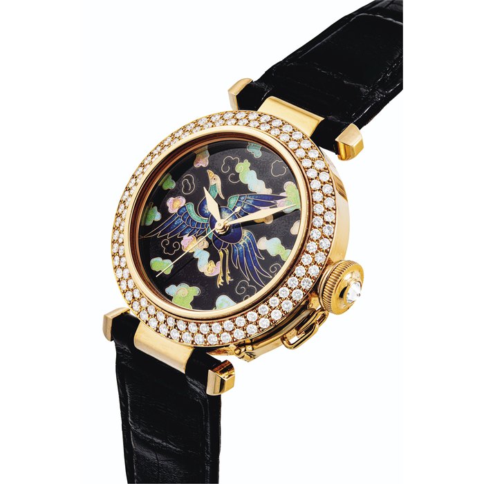 CARTIER. AN EXTREMELY RARE 18K GOLD AND DIAMOND-SET LIMITED EDITION AUTOMATIC WRISTWATCH WITH SWEEP CENTRE SECONDS AND CLOISONN É ENAMEL DIAL SIGNED CARTIER, PASHA MODEL, NO. 05/10, REF. 2469, CASE NO. 310068MG, CIRCA 1999
