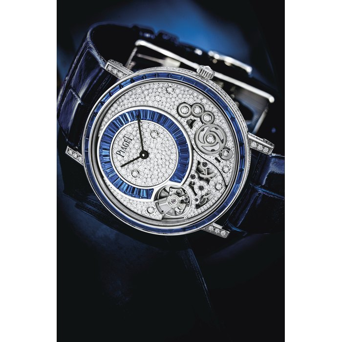 PIAGET. AN EXTREMELY RARE 18K WHITE GOLD, DIAMOND AND SAPPHIRE-SET LIMITED EDITION SEMI-SKELETONISED WRISTWATCH SIGNED PIAGET, ALTIPLANO MODEL, REF. GOA41244, NO. 01/08, CASE NO. 1'183'539, CIRCA 2017
