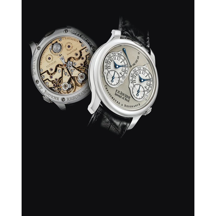 F.P. JOURNE. A PLATINUM DUAL TIME CHRONOMETER WRISTWATCH WITH RESONANCE-CONTROLLED TWIN INDEPENDENT GEAR-TRAIN MOVEMENT AND POWER RESERVE SIGNED F.P. JOURNE, INVENIT ET FECIT, CHRONOMETRE A RESONANCE MODEL, CASE NO. 454-RN, CIRCA 2006