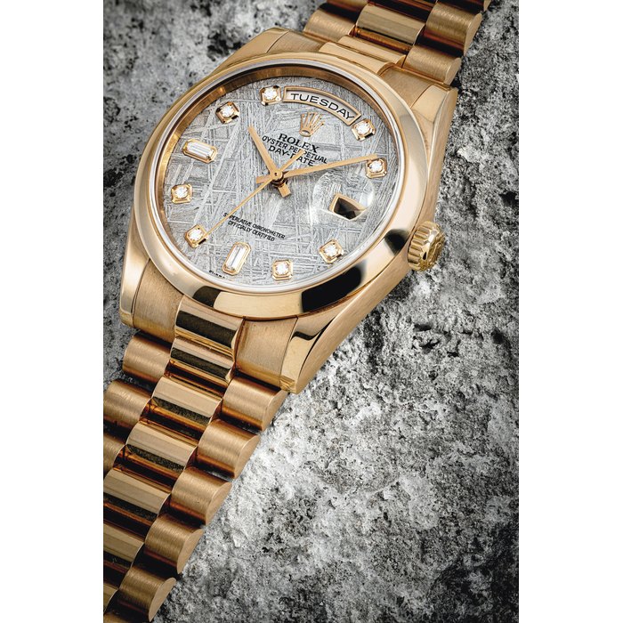 ROLEX. A RARE 18K PINK GOLD AND DIAMOND-SET WRISTWATCH WITH SWEEP CENTRE SECONDS, DAY, DATE, BRACELET AND METEORITE DIAL SIGNED ROLEX, OYSTER PERPETUAL, DAY-DATE MODEL, REF. 118205, CASE NO. Y115653, CIRCA 2002