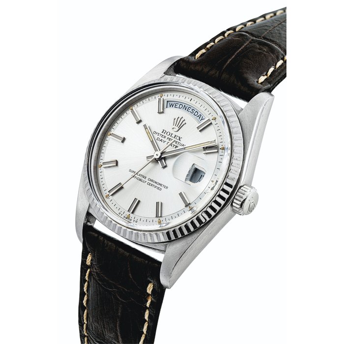 ROLEX. AN 18K WHITE GOLD AUTOMATIC WRISTWATCH WITH SWEEP CENTRE SECONDS, DAY AND DATE SIGNED ROLEX, OYSTER PERPETUAL, DAY DATE MODEL, REF. 1803, CASE NO. 3'364'440, CIRCA 1973
