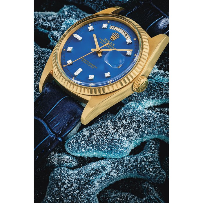 ROLEX. AN EXTREMELY RARE AND HIGHLY ATTRACTIVE 18K PINK GOLD AND DIAMOND-SET AUTOMATIC WRISTWATCH WITH SWEEP CENTRE SECONDS, DAY, DATE AND BLUE LACQUERED "STELLA" DIAL SIGNED ROLEX, OYSTER PERPETUAL, DAY-DATE MODEL, REF. 1803, CASE NO. 4’108’915, CIRCA 1975