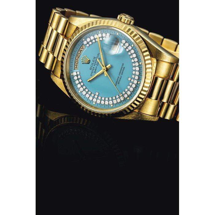 ROLEX. A VERY RARE AND ATTRACTIVE 18K GOLD AND DIAMOND-SET AUTOMATIC WRISTWATCH WITH SWEEP CENTRE SECONDS, DAY, DATE, BRACELET AND BLUE LACQUERED "STELLA" DIAL SIGNED ROLEX, OYSTER PERPETUAL, DAY-DATE MODEL, REF. 18238, CASE NO. N128478, CIRCA 1991