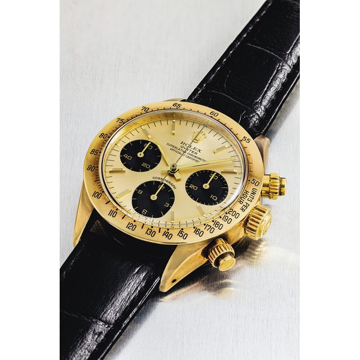 ROLEX. A VERY RARE AND HIGHLY ATTRACTIVE 14K GOLD CHRONOGRAPH WRISTWATCH SIGNED ROLEX, OYSTER, COSMOGRAPH, DAYTONA MODEL, REF. 6265, CASE NO. 5'060'425, CIRCA 1978