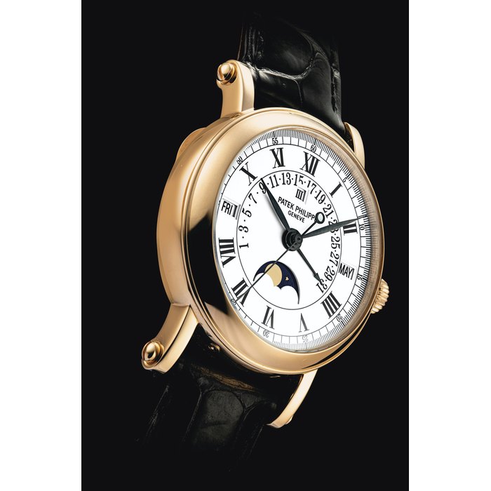 PATEK PHILIPPE. AN 18K PINK GOLD AUTOMATIC PERPETUAL CALENDAR WRISTWATCH WITH SWEEP CENTRE SECONDS, RETROGRADE DATE, MOON PHASES AND LEAP YEAR INDICATION SIGNED PATEK PHILIPPE, REF. 5059, MOVEMENT NO. 1'958'449, CASE NO. 4'090'517, MANUFACTURED IN 2000