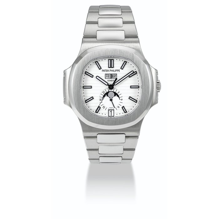 PATEK PHILIPPE. A STAINLESS STEEL AUTOMATIC ANNUAL CALENDAR WRISTWATCH WITH SWEEP CENTRE SECONDS, MOON PHASES, 24 HOUR INDICATION AND BRACELET SIGNED PATEK PHILIPPE, GENEVE, NAUTILUS MODEL, REF. 5726, MOVEMENT NO. 5'705'584, CASE NO. 4'601'736, CIRCA 2014