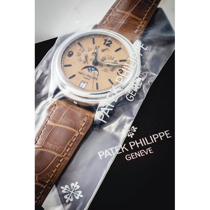 PATEK PHILIPPE. A FINE AND VERY RARE PLATINUM LIMITED EDITION AUTOMATIC ANNUAL CALENDAR WRISTWATCH WITH SWEEP CENTRE SECONDS, POWER RESERVE, MOON PHASES, SILINVAR SPIROMAX BALANCE SPRING AND PULSOMAX ESCAPEMENT SIGNED PATEK PHILIPPE, GENEVE, REF. 5450, MOVEMENT NO. 3'900'404, CASE NO. 4'429'194, MANUFACTURED IN 2009