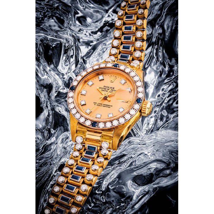 ROLEX. A N IMPRESSIVE AND VERY RARE LADY ’ S 18K GOLD, DIAMOND AND SAPPHIRE-SET AUTOMATIC WRISTWATCH WITH SWEEP CENTRE SECONDS, DATE AND BRACELET LADY DATEJUST MODEL, REF. 6906, CIRCA 1979