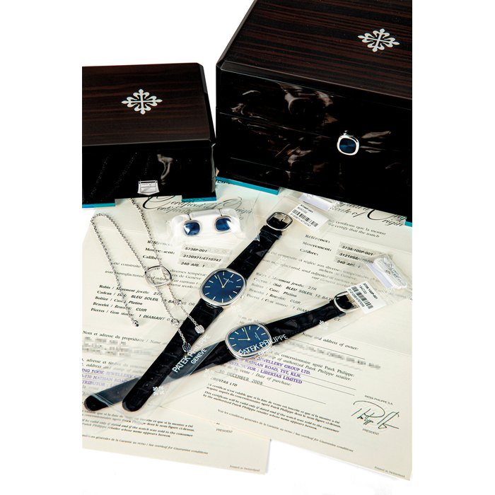 PATEK PHILIPPE. A RARE SET OF TWO PLATINUM LIMITED EDITION OVAL AUTOMATIC WRISTWATCHES, A PARIE OF 18K WHITE GOLD CUFFLINKS AND A DIAMOND AND SAPPHIRE-SET NECKLACE, MADE TO COMMEMORATE THE 40TH ANNIVERSARY OF GOLDEN ELLIPSE COLLECTION IN 2008 GOLDEN ELLIPSE MODEL, REF. 5738 AND 3738, CIRCA 2008
