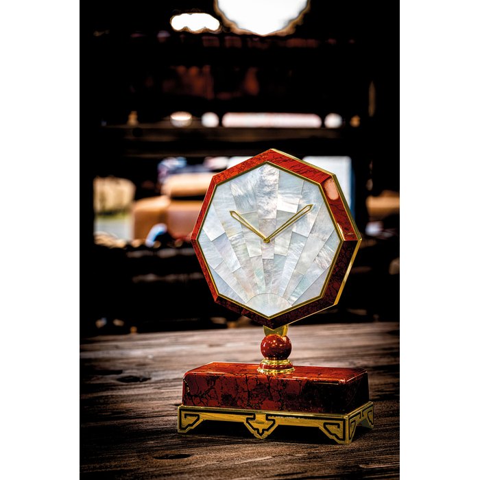 CARTIER. A VERY RARE GILT METAL, MARBLE AND MOTHER-OF-PEARL CLOCK CIRCA 1975
