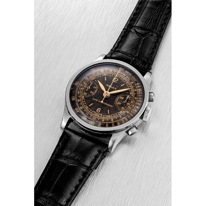 ROLEX. A RARE STAINLESS STEEL CHRONOGRAPH WRISTWATCH WITH BLACK DIAL REF. 2811, CIRCA 1935