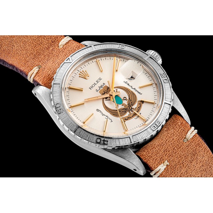 ROLEX. A RARE STAINLESS STEEL AUTOMATIC WRISTWATCH WITH SWEEP CENTRE SECONDS, DATE AND EMBLEM OF LIBYA TURNOGRAPH MODEL, REF. 16250, CIRCA 1979