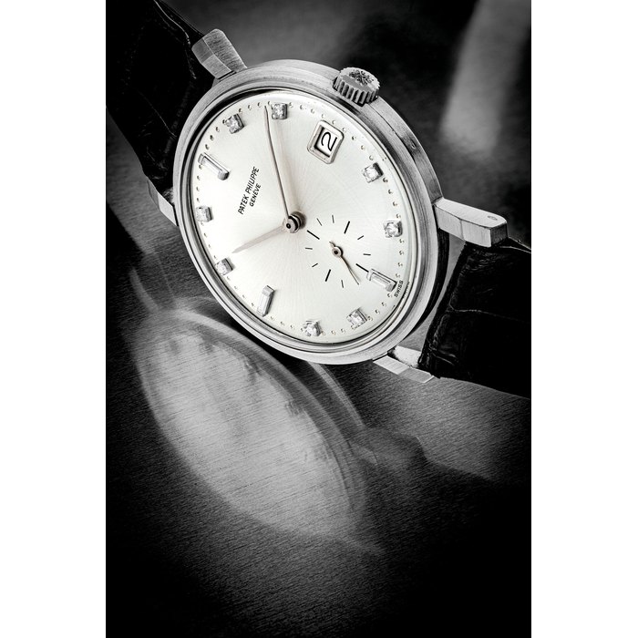 PATEK PHILIPPE. AN EXTREMELY RARE PLATINUM AND DIAMOND-SET AUTOMATIC WRISTWATCH WITH DATE REF. 3445, MANUFACTURED IN 1964