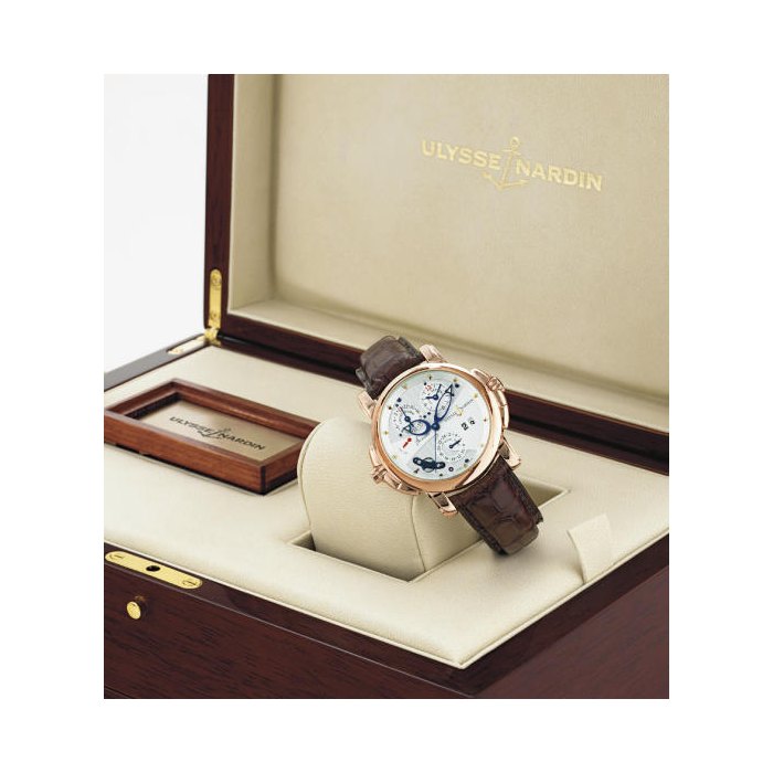 ULYSSE NARDIN. A FINE AND UNUSUAL LARGE 18K PINK GOLD AUTOMATIC DUAL TIME ALARM WRISTWATCH WITH DATE, CENTER SECONDS AND COUNTDOWN INDICATOR ULYSSE NARDIN, "SONATA", NO. 376, REF. 666-88, CIRCA 2005