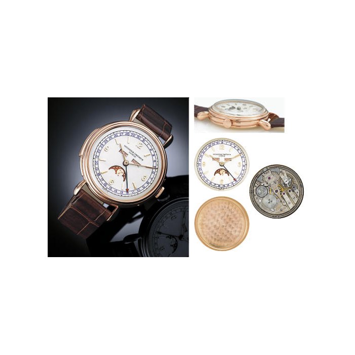 VACHERON CONSTANTIN. AN EXTREMELY FINE, RARE AND HISTORICALLY IMPORTANT OVERSIZED 18K PINK GOLD MINUTE REPEATING TRIPLE CALENDAR WRISTWATCH WITH TWO-TONE DIAL AND MOON PHASES SIGNED VACHERON & CONSTANTIN, GENEVE, MOVEMENT NO. 455135, CASE NO. 280575, REF. 4293, MOVEMENT MANUFACTURED IN 1943, CASED AND SOLD IN 1957